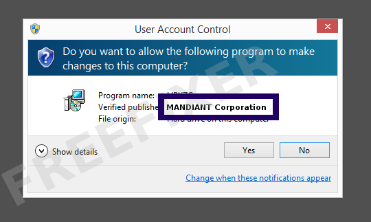 Screenshot where MANDIANT Corporation appears as the verified publisher in the UAC dialog